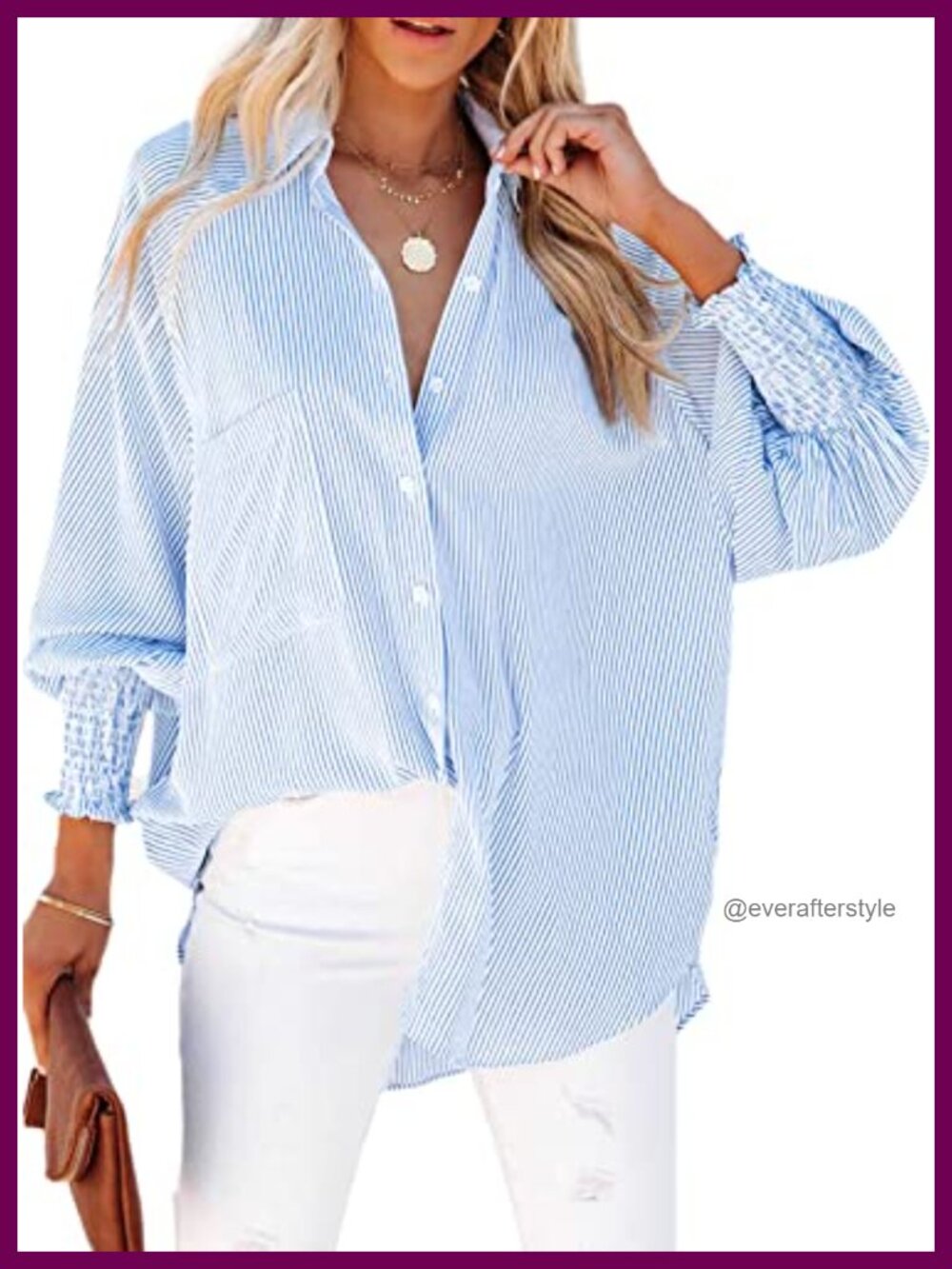 Womens Striped Button Down Blouse Smocked Cuff Oversized Shirt